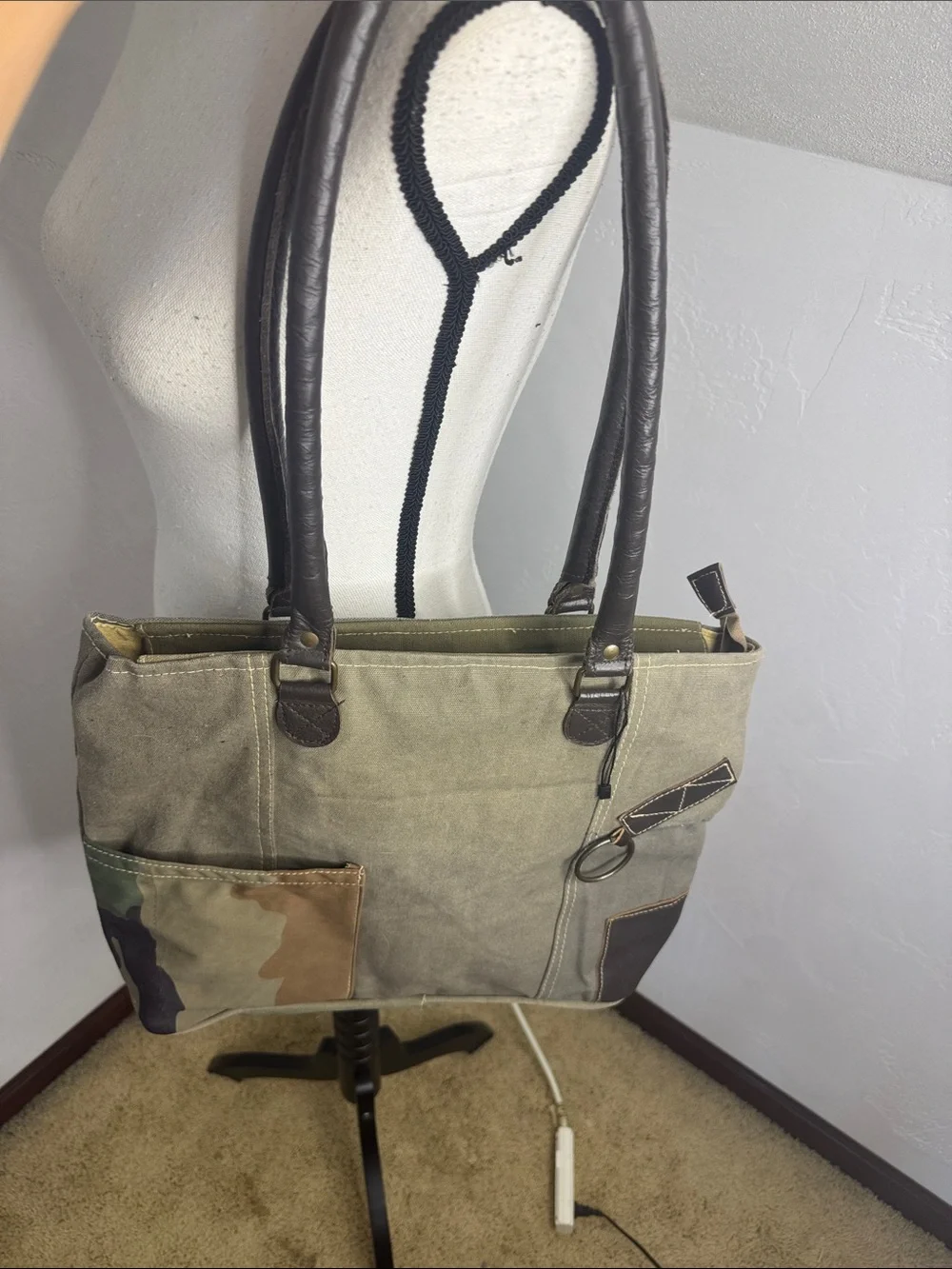 Vintage Addiction Canvas Tote Bag with Camouflage Patch - Olive Green